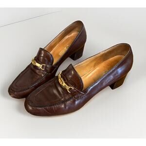 Vintage Gucci 1970S Women’s Horse Bit GG Chunky Heel Leather Shoes 39 1/2 8.5-9